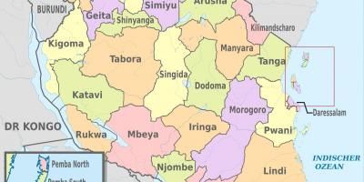 Tanzania peta dengan yang baru kawasan
